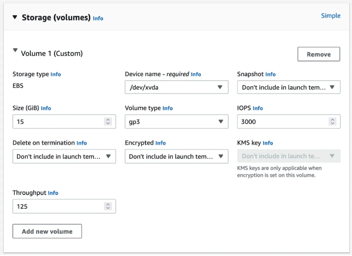 Step 3: Specifying storage options of a Launch Template in the Amazon EC2 Console
